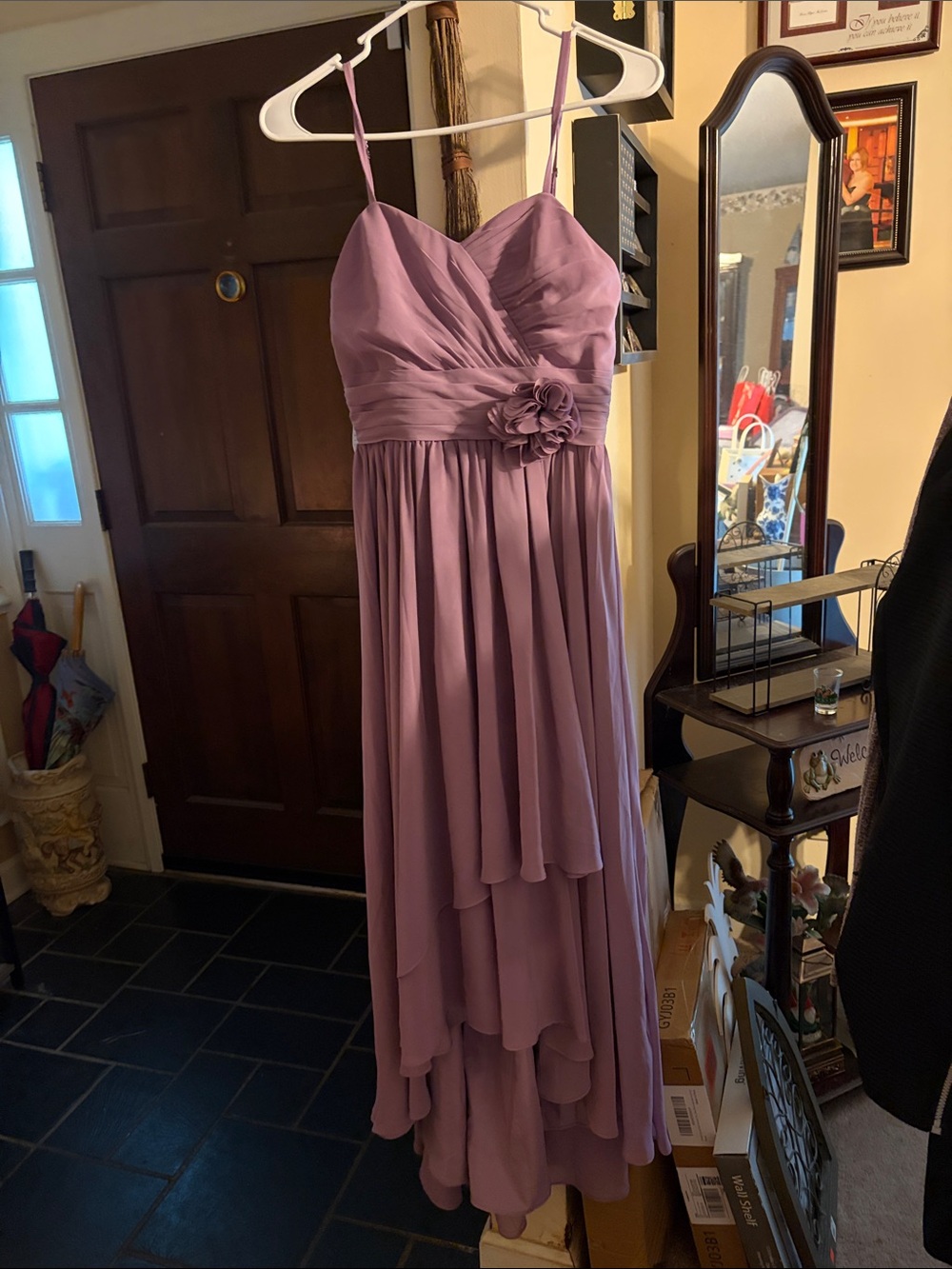 Azazie Lavender High-Low Chiffon Spaghetti Strap Dress with Flower Accent